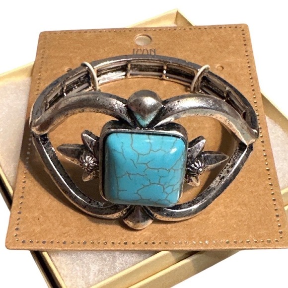 Icon Collection Jewelry - Icon Collection Silver Tone Faux Turquoise Stretch Cuff Bracelet Southwestern